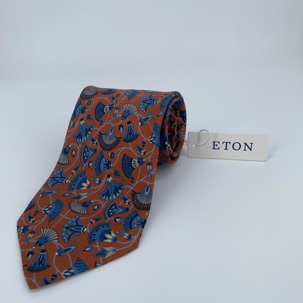 Eton Tie Mens One Size Brown Blue Patterned Silk Classic Necktie Italy Made NWT